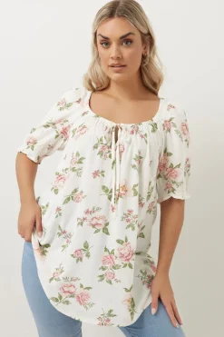 Tops>YOURS Curve White & Pink Floral Tie Neck Blouse