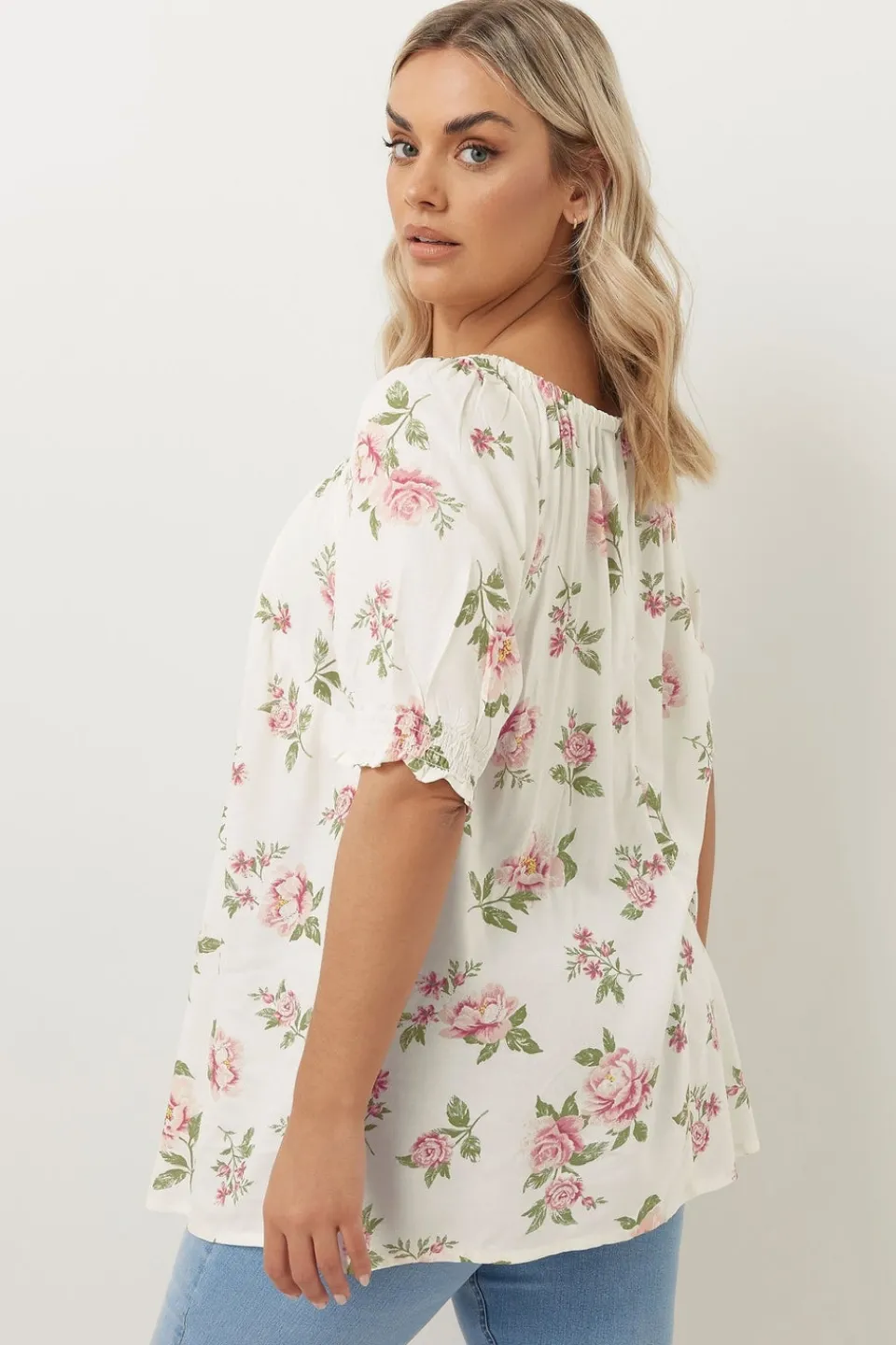 Tops>YOURS Curve White & Pink Floral Tie Neck Blouse