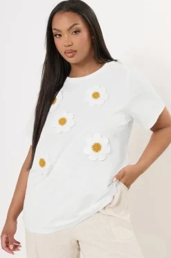 T-Shirts>YOURS Curve White Applique Daisy T-Shirt