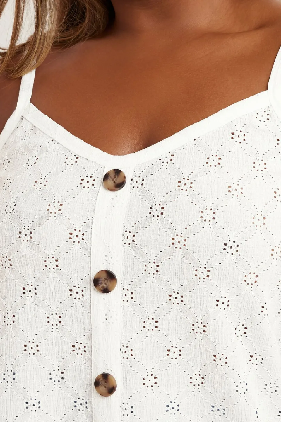 Tops>YOURS Curve White Broderie Anglaise Button Vest Top