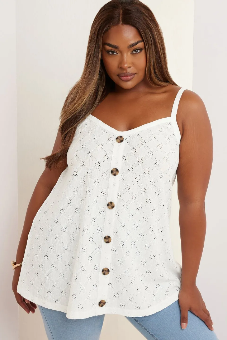 Tops>YOURS Curve White Broderie Anglaise Button Vest Top