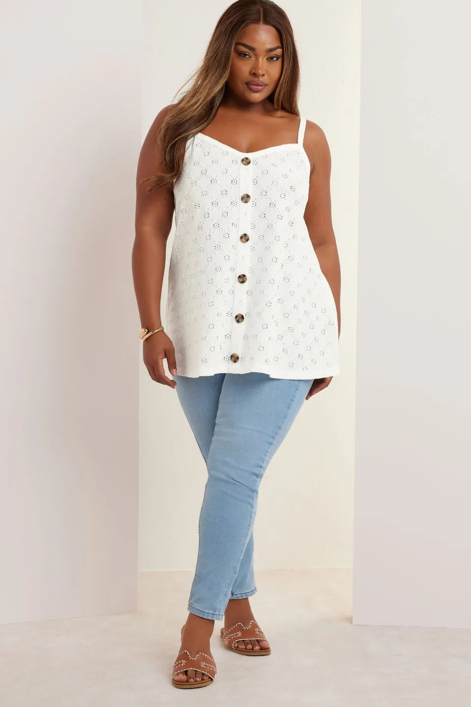 Tops>YOURS Curve White Broderie Anglaise Button Vest Top