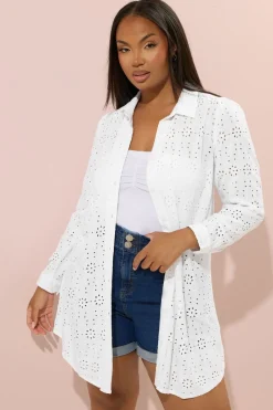 Tops>YOURS Curve White Broderie Anglaise Long Sleeve Shirt