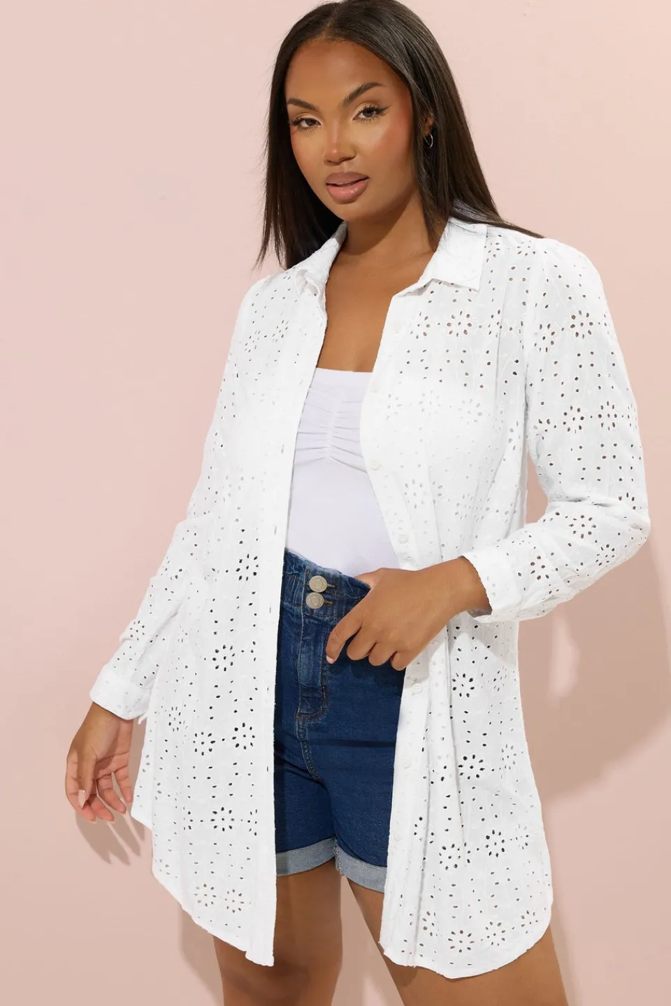 Tops>YOURS Curve White Broderie Anglaise Long Sleeve Shirt