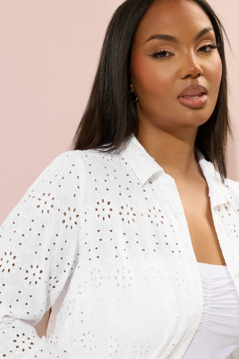 Tops>YOURS Curve White Broderie Anglaise Long Sleeve Shirt