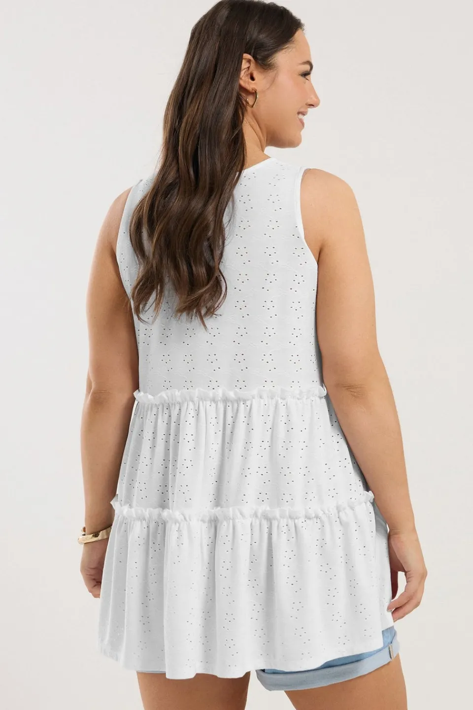 Tops>YOURS Curve White Broderie Anglaise Tiered Vest Top