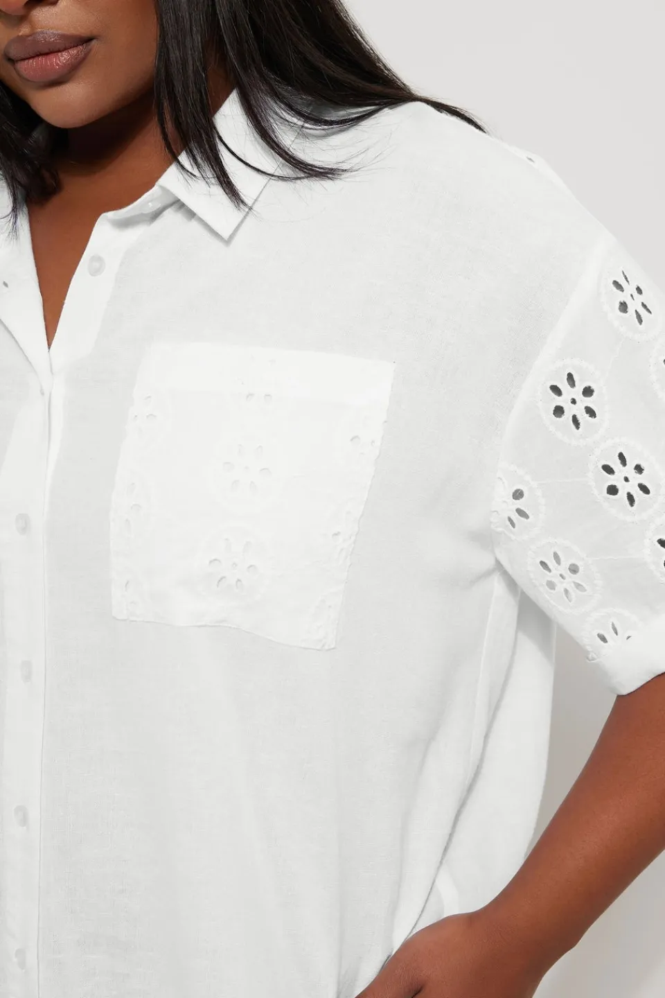 Tops>YOURS Curve White Broderie Anglaise Linen Shirt