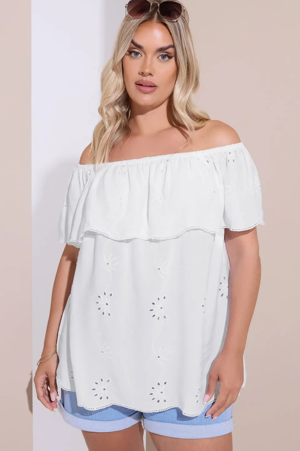 Tops>YOURS Curve White Broderie Anglaise Bardot Top