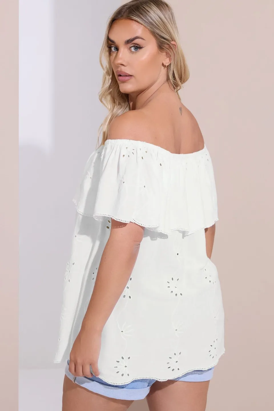 Tops>YOURS Curve White Broderie Anglaise Bardot Top