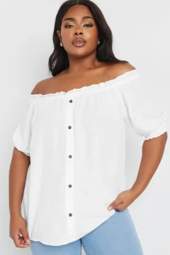 Tops>YOURS Curve White Chambray Button Detail Bardot Top