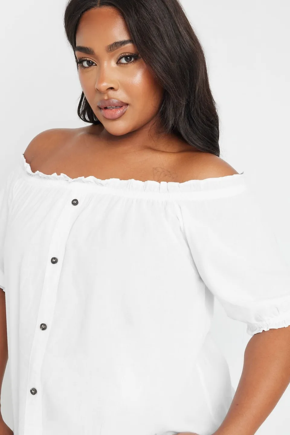 Tops>YOURS Curve White Chambray Button Detail Bardot Top