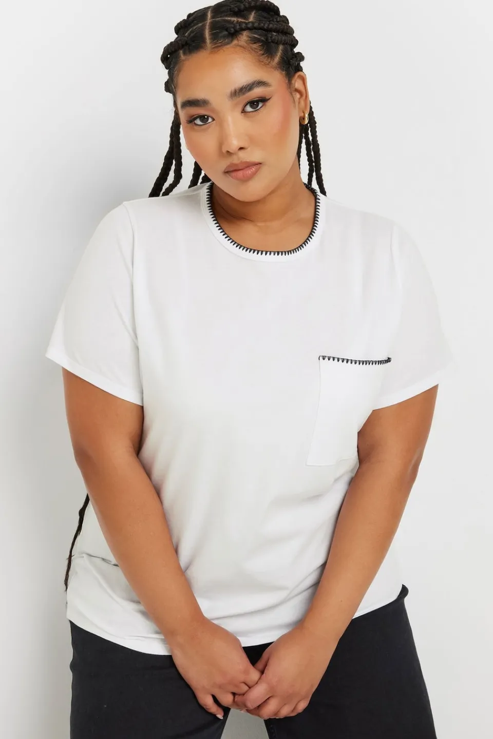 T-Shirts>YOURS Curve White Contrast Stitch Heavyweight Pocket T Shirt