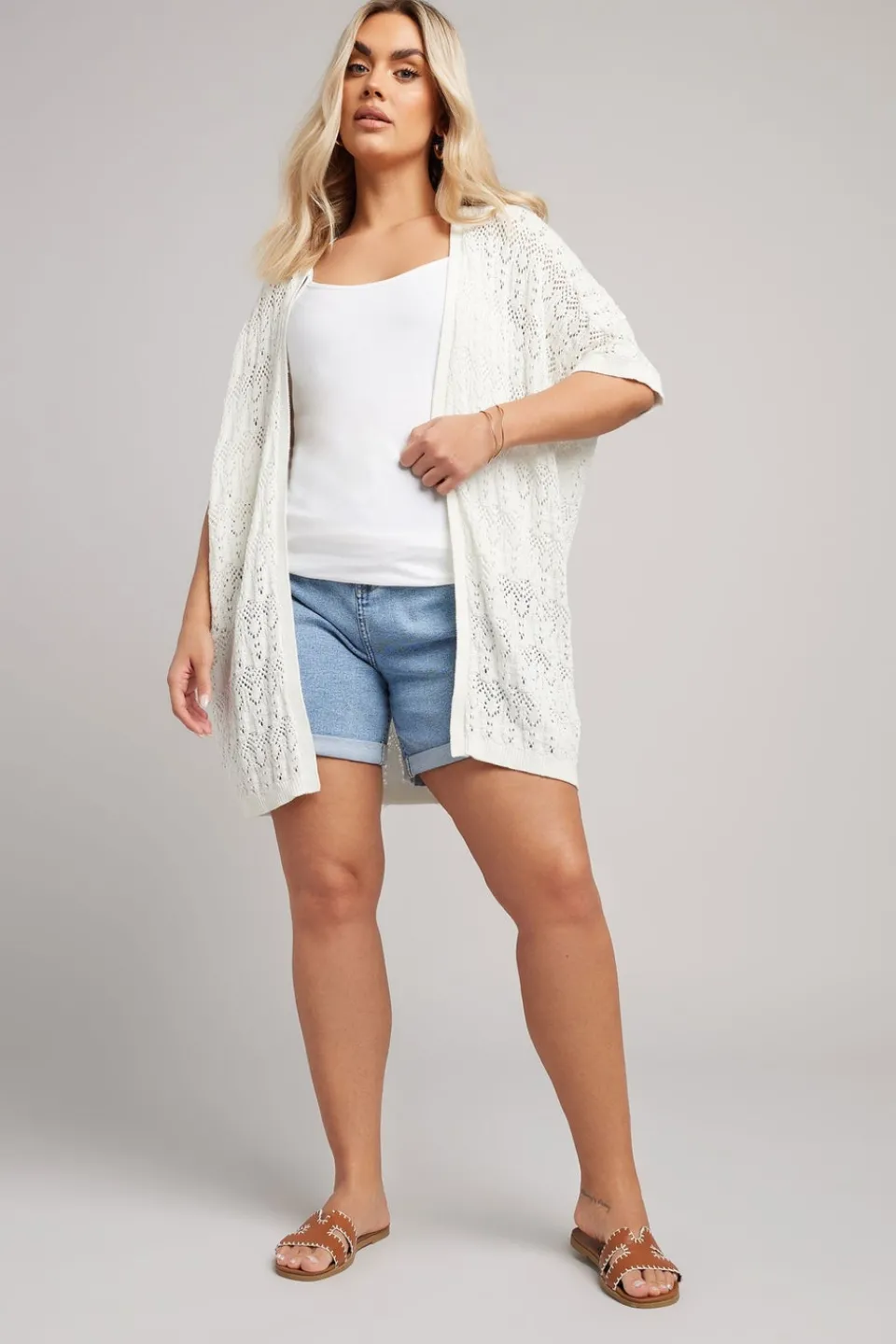Tops>YOURS Curve White Crochet Short Sleeve Cardigan