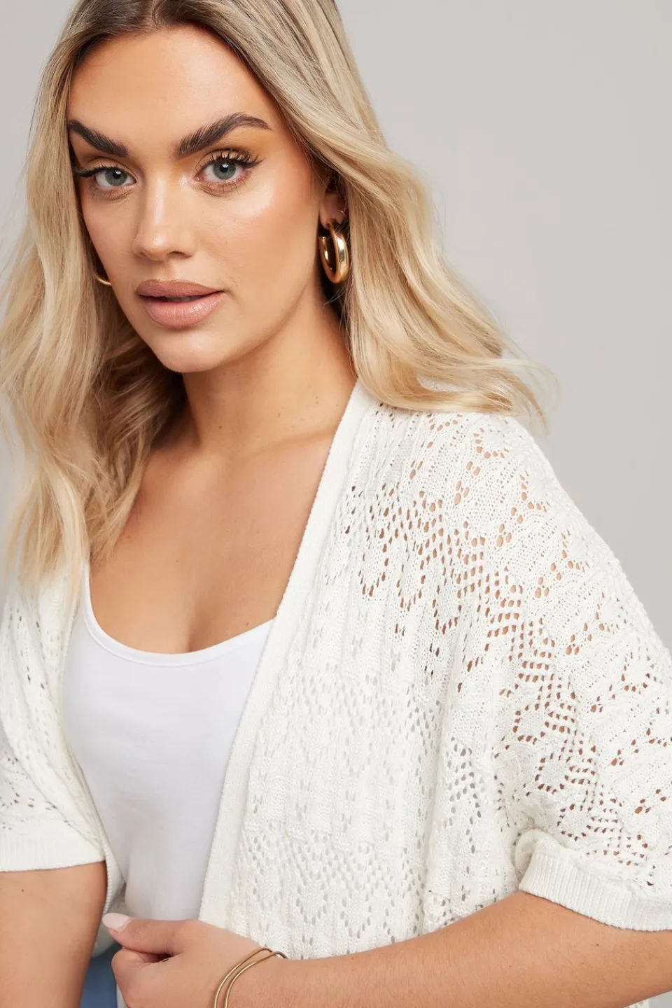 Tops>YOURS Curve White Crochet Short Sleeve Cardigan