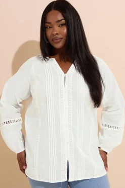 Tops>YOURS Curve White Crochet Trim Pleated Blouse