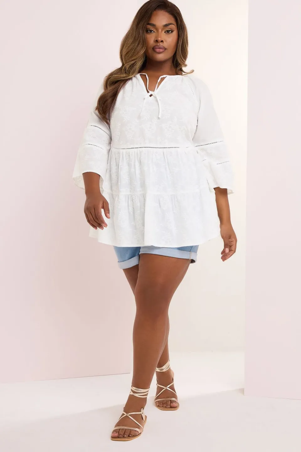 Blouses & Shirts>YOURS Curve White Embroidered Tie Front Smock Blouse
