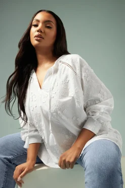 Tops>YOURS Curve White Floral Embroidered Tie Neck Blouse