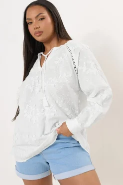 Tops>YOURS Curve White Floral Embroidered Tie Neck Blouse