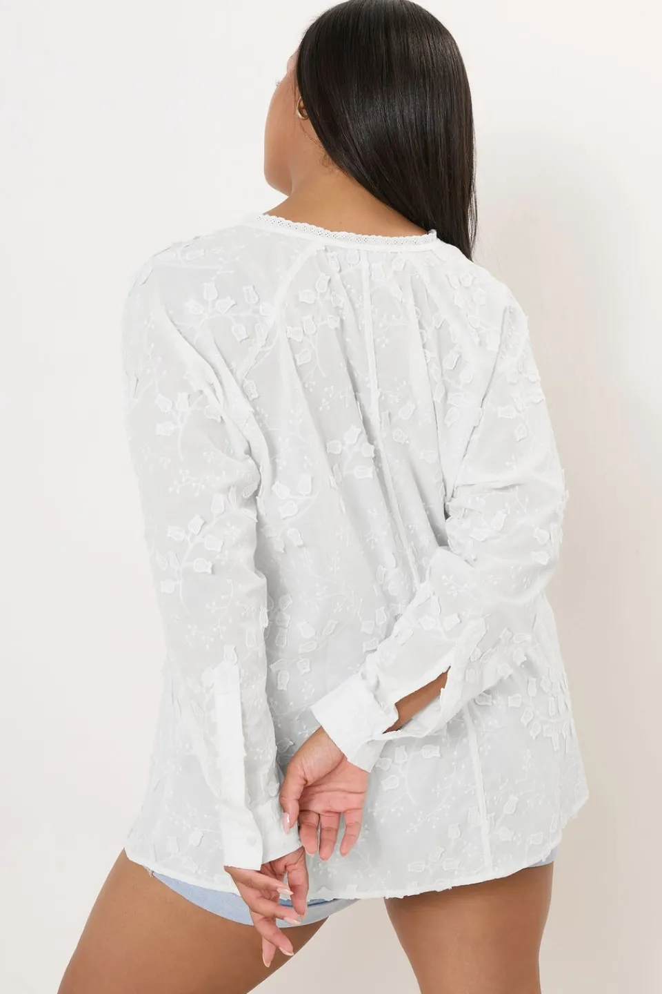 Tops>YOURS Curve White Floral Embroidered Tie Neck Blouse