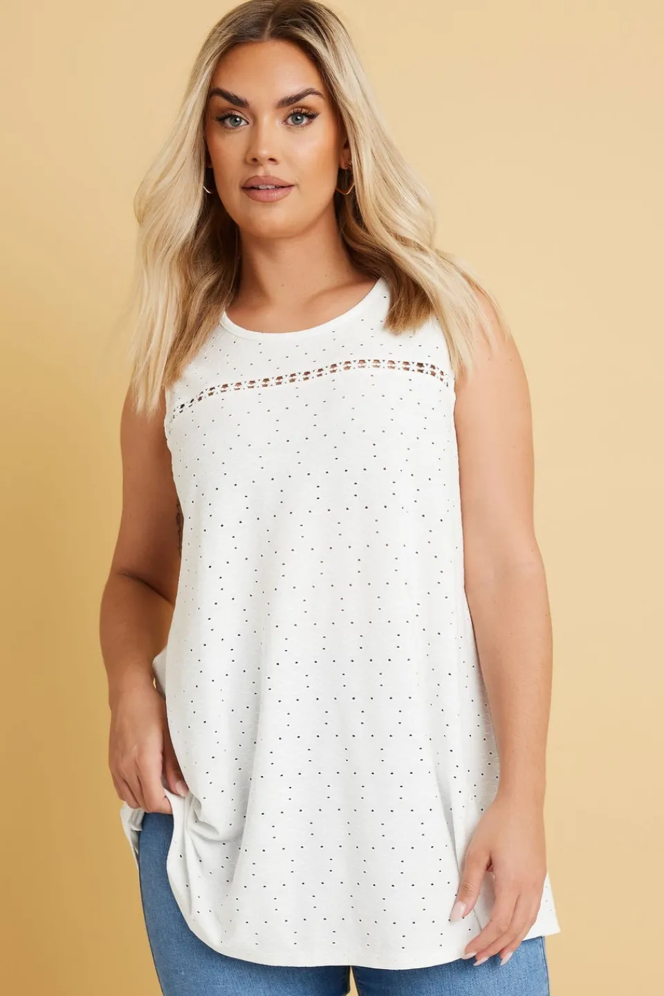 Tops>YOURS Curve White Floral Broderie Anglaise Vest Top