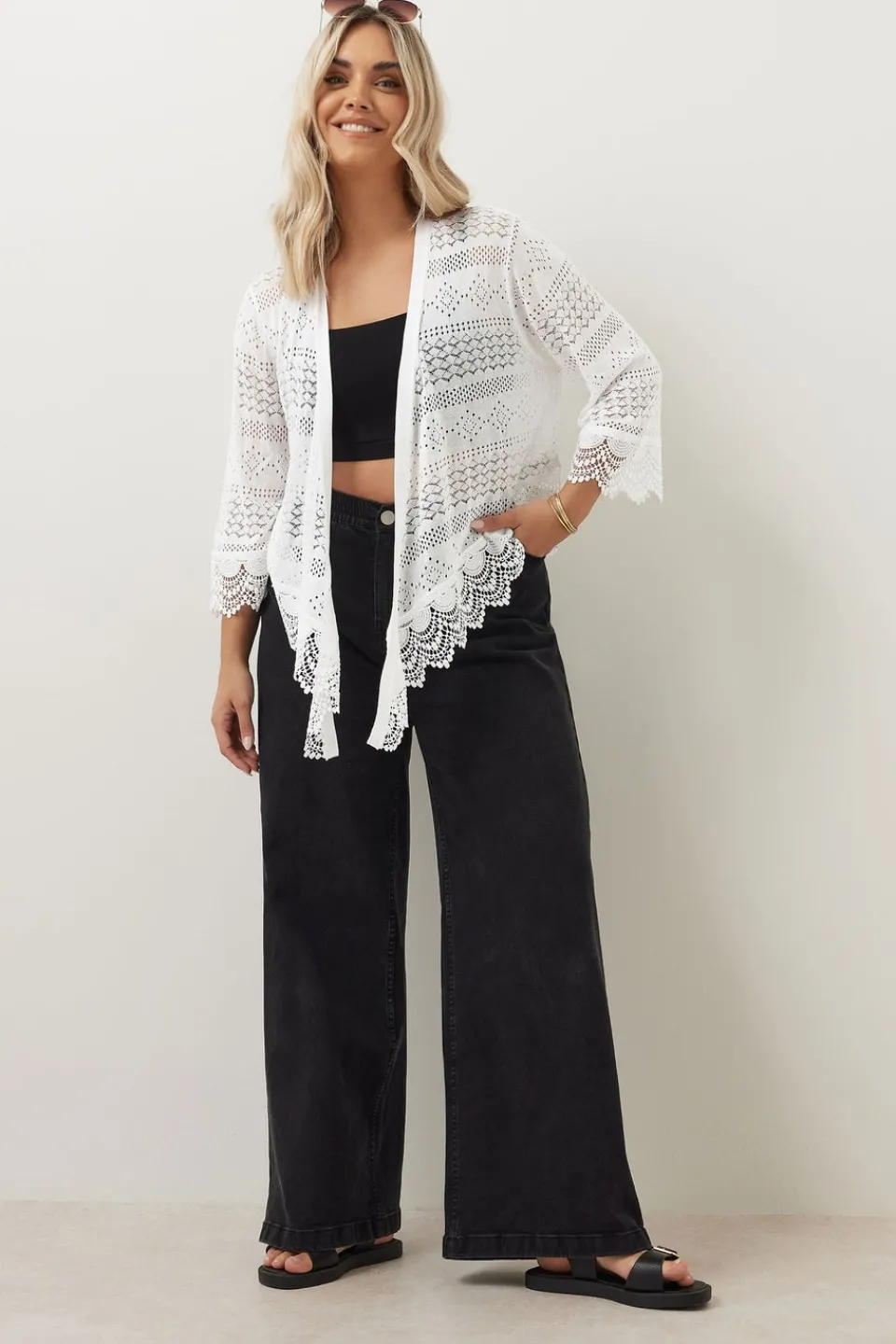 Tops>YOURS Curve White Lace Trim Waterfall Cardigan