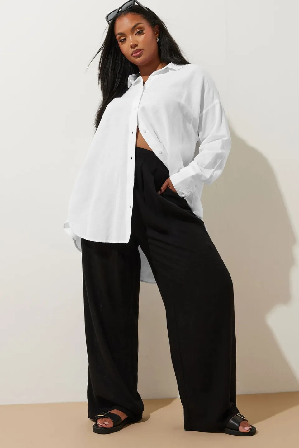 Tops>YOURS Curve White Long Sleeve Linen Shirt