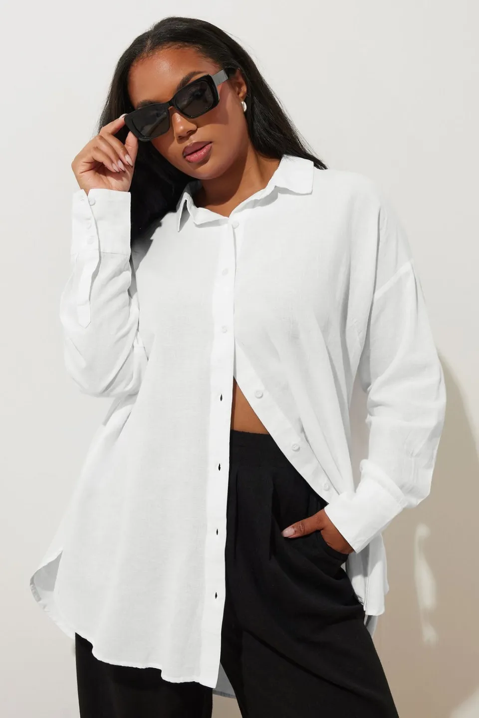Tops>YOURS Curve White Long Sleeve Linen Shirt