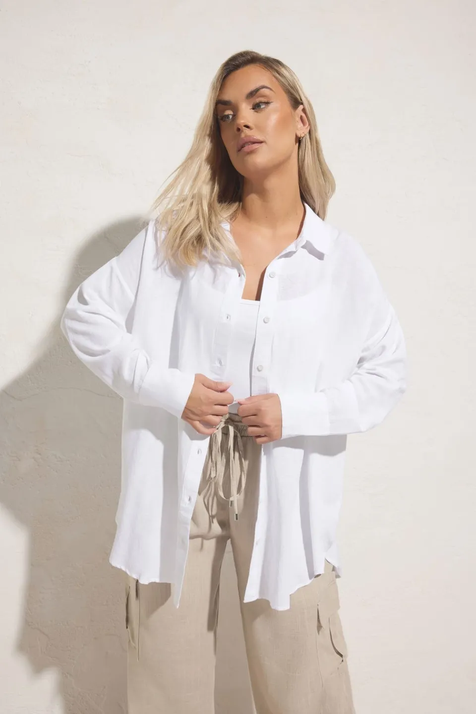 Tops>YOURS Curve White Long Sleeve Linen Shirt