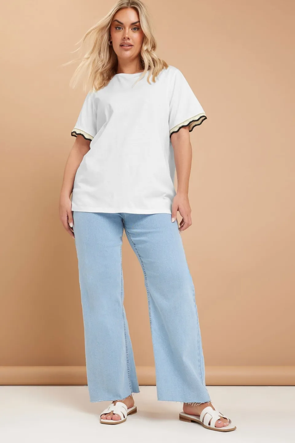 T-Shirts>YOURS Curve White Metallic Crochet Trim T-Shirt
