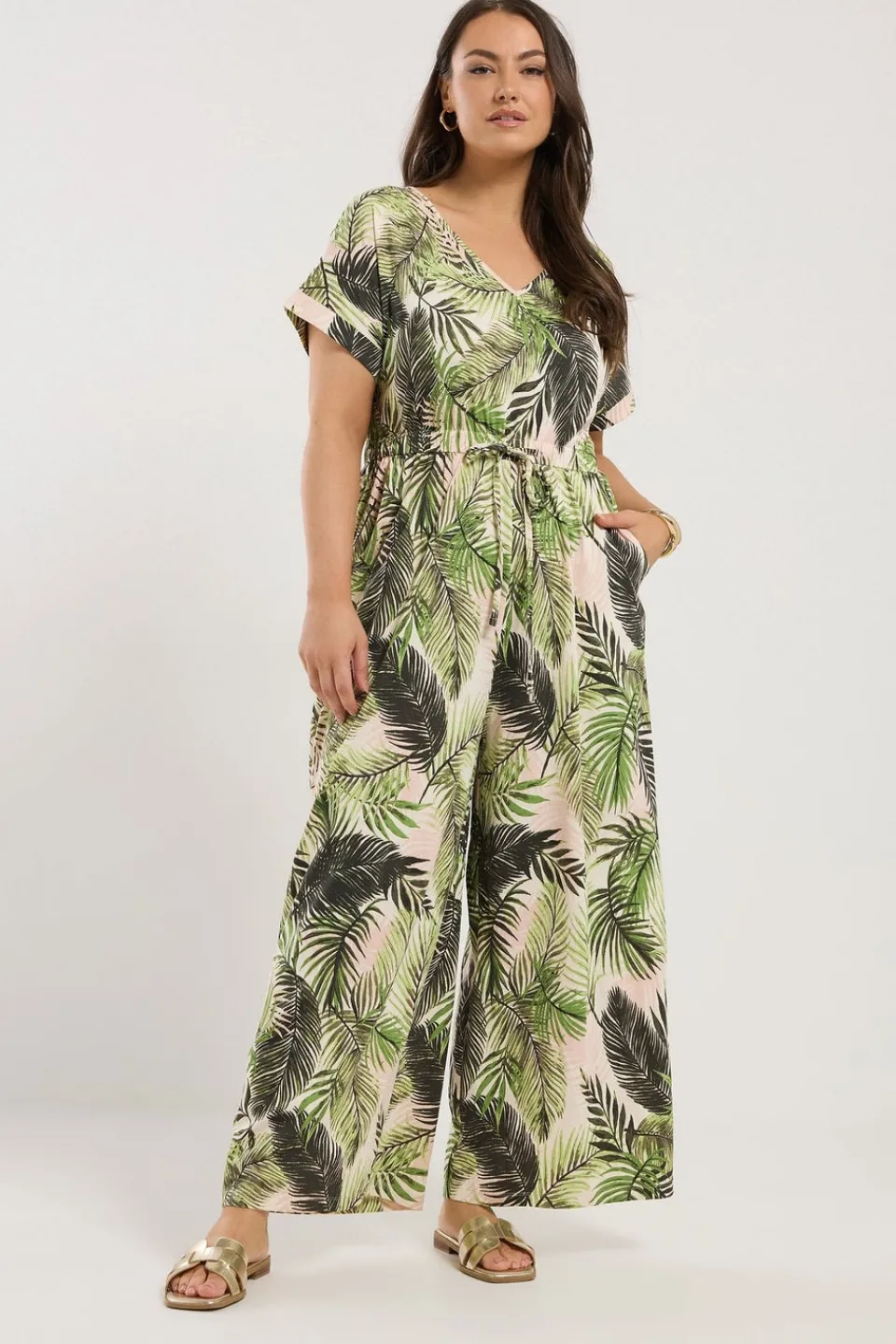 Jumpsuits & Playsuits>YOURS Curve White Palm Print Tie Front Jumpsuit