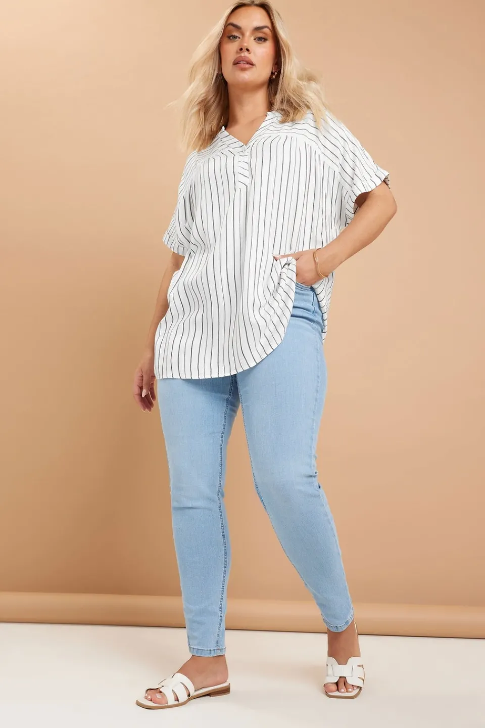 Tops>YOURS Curve White Stripe Short Sleeve Blouse