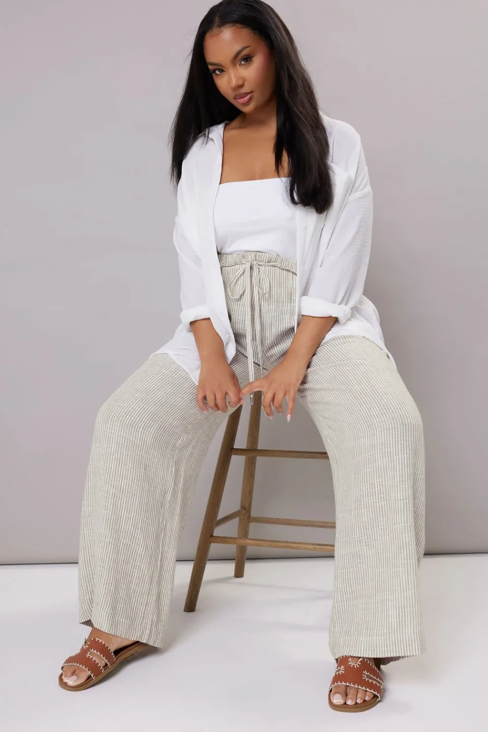 Trousers>YOURS Curve White Striped Linen Tie Front Trousers