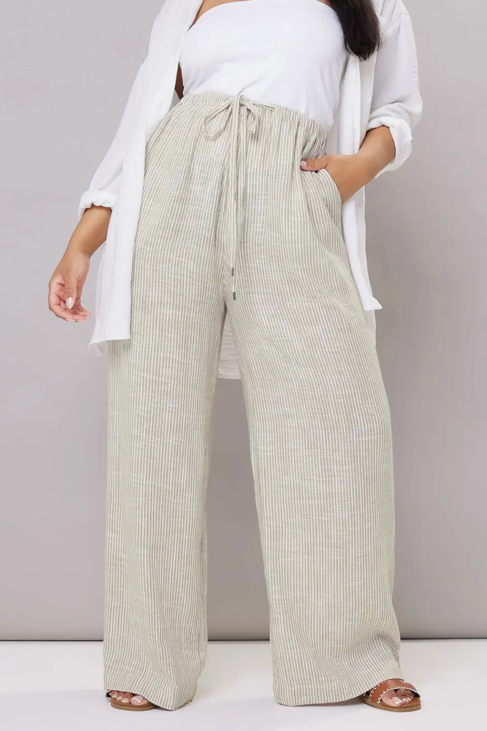 Trousers>YOURS Curve White Striped Linen Tie Front Trousers
