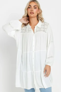 Tops>YOURS Curve White Tiered Crochet Detail Shirt