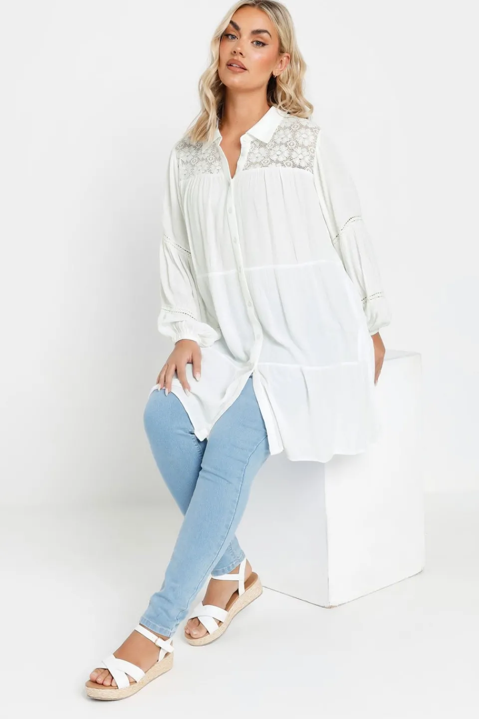 Tops>YOURS Curve White Tiered Crochet Detail Shirt