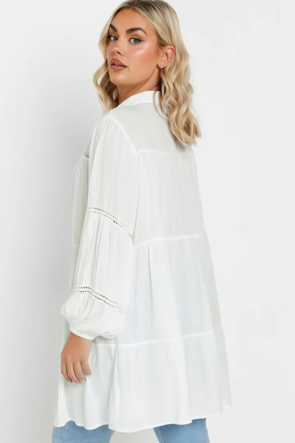 Tops>YOURS Curve White Tiered Crochet Detail Shirt