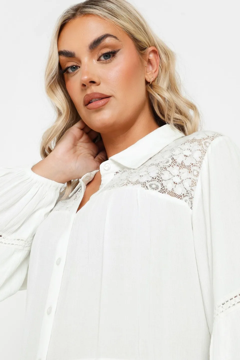 Tops>YOURS Curve White Tiered Crochet Detail Shirt