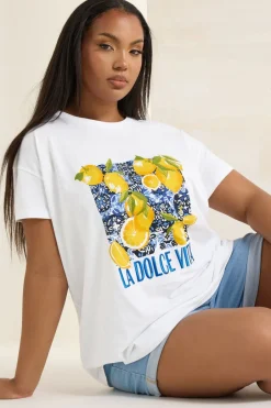 T-Shirts>YOURS Curve White 'La Dolce Vita' Lemon Graphic Oversized T-Shirt