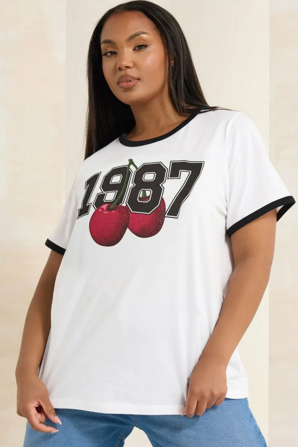 T-Shirts>YOURS Curve White '1987' Cherry Print T-Shirt