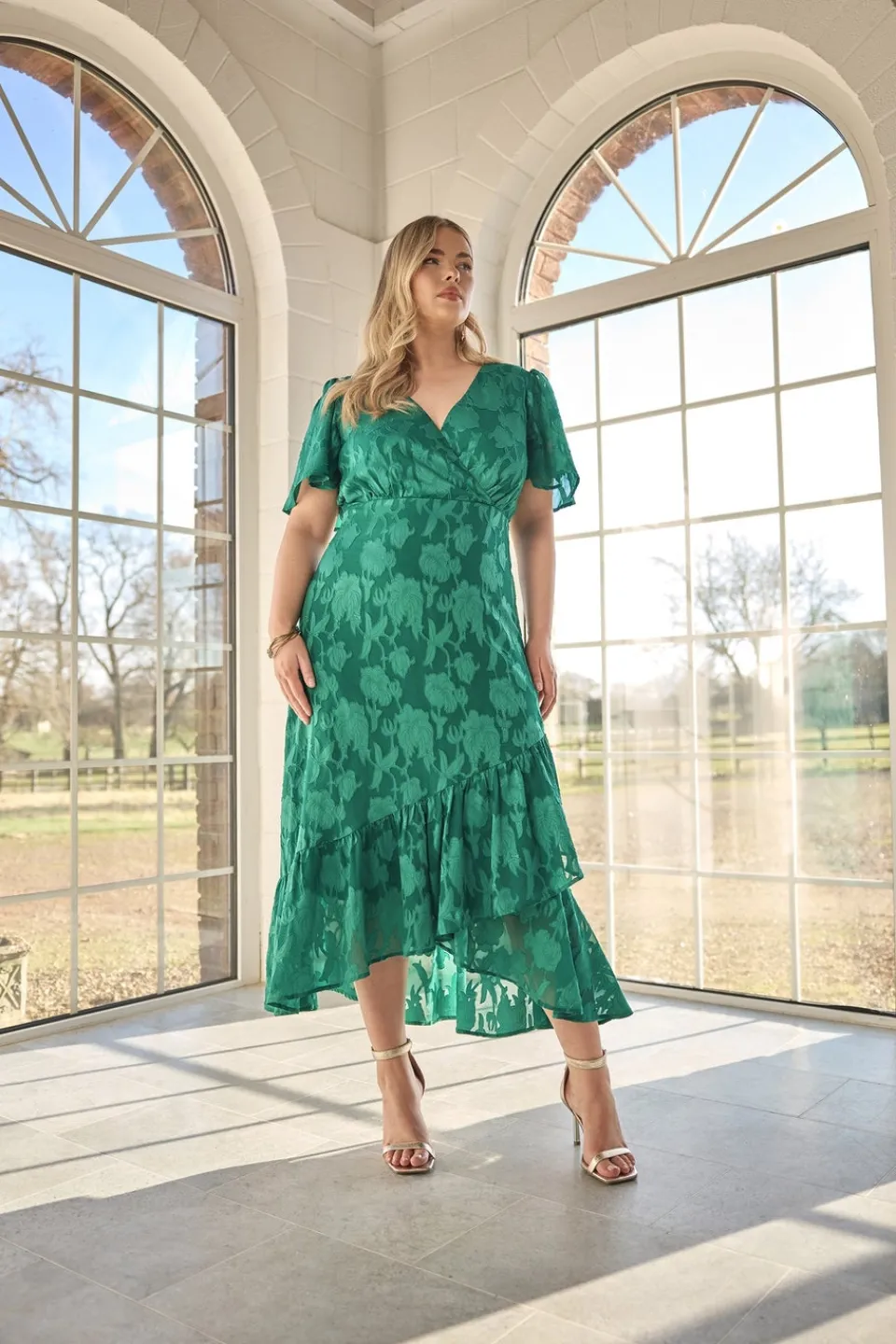 Dresses>YOURS London Curve Green Jacquard Floral Wrap Ruffle Hem Dress