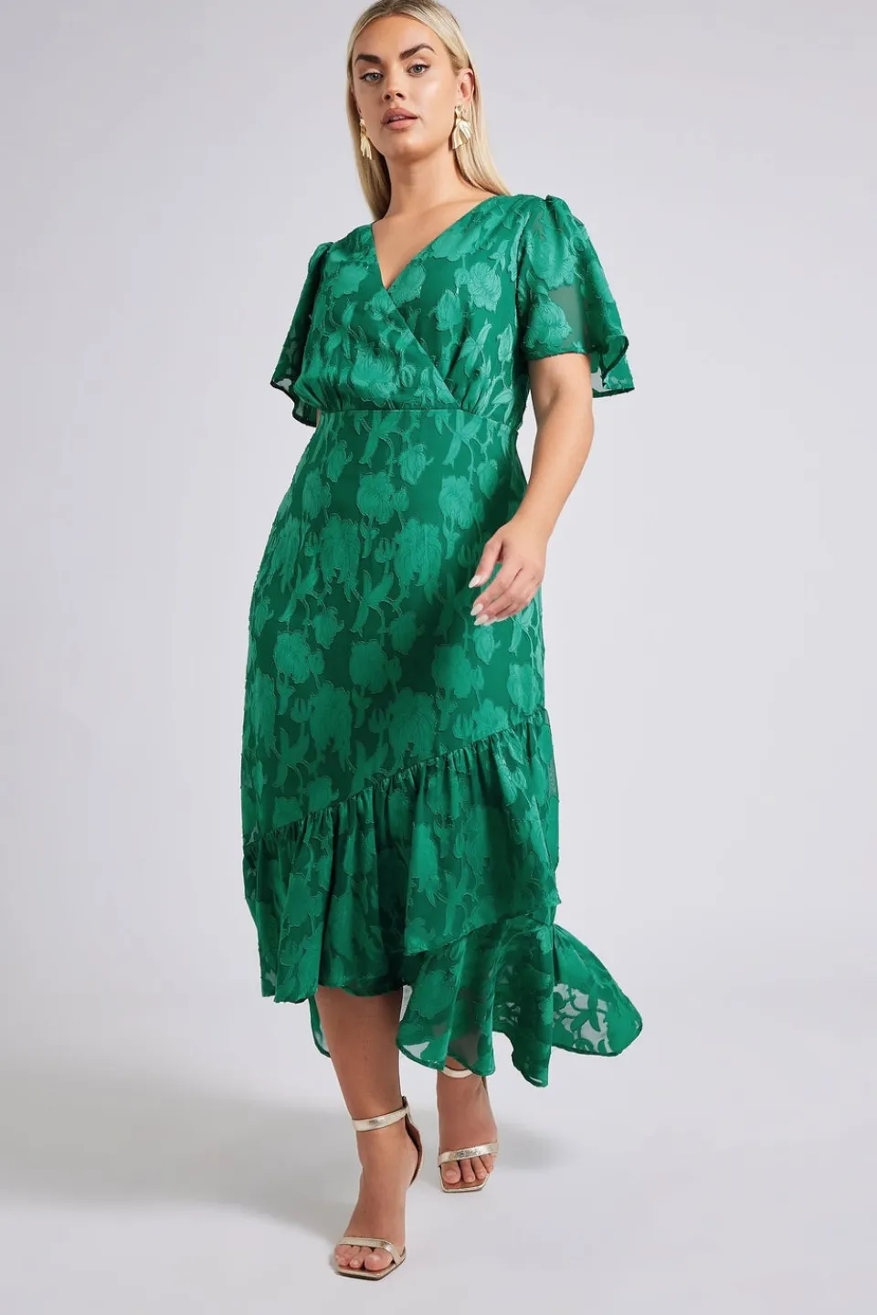 Dresses>YOURS London Curve Green Jacquard Floral Wrap Ruffle Hem Dress