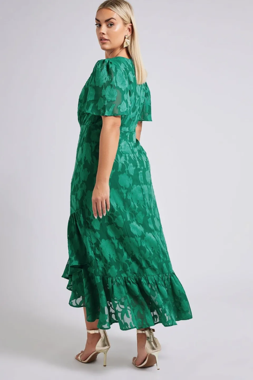 Dresses>YOURS London Curve Green Jacquard Floral Wrap Ruffle Hem Dress
