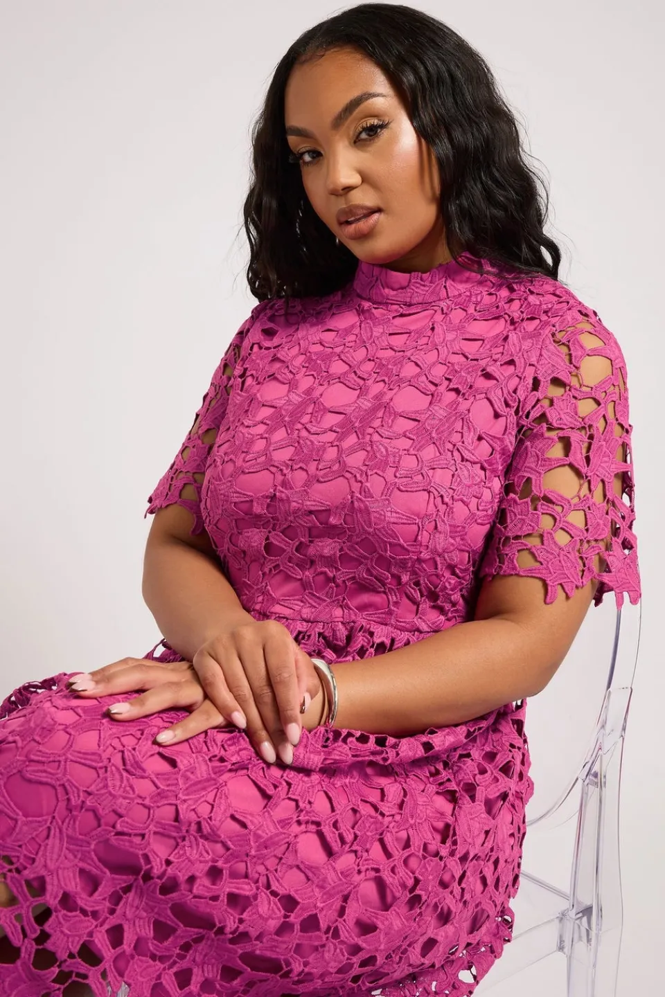 Dresses>YOURS London Curve Magenta Pink Lace Crochet Midi Dress