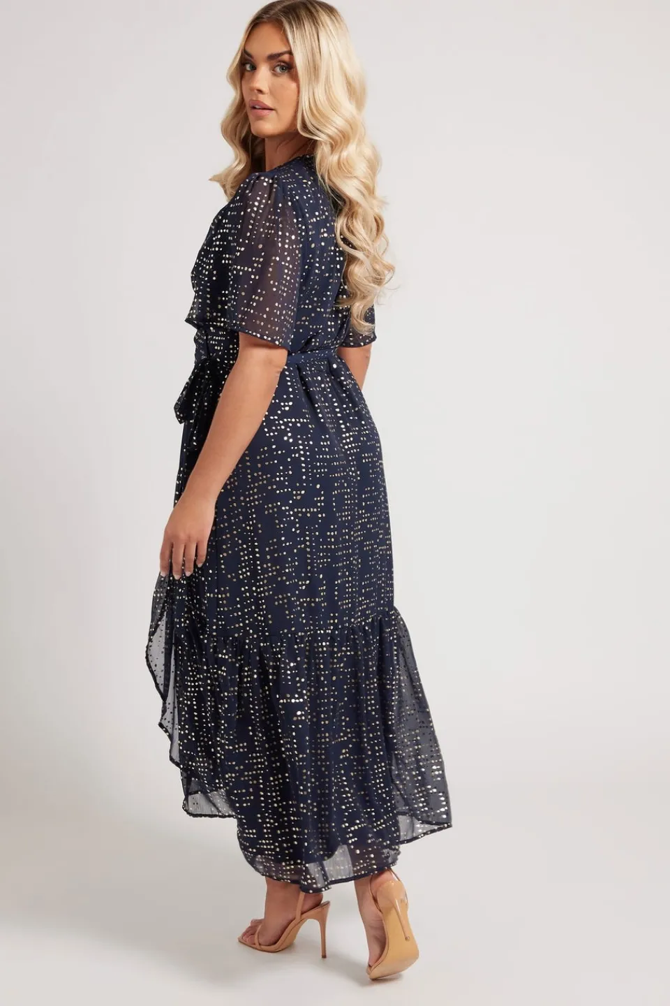 Dresses>YOURS London Curve Navy Blue Metallic Dot Wrap Dress
