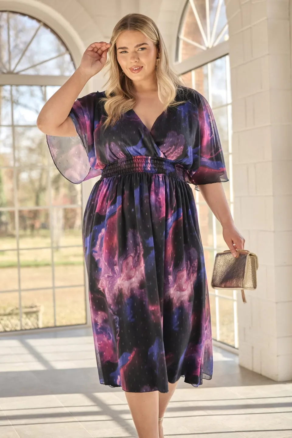 Dresses>YOURS London Curve Purple Abstract Metallic Print Midi Dress