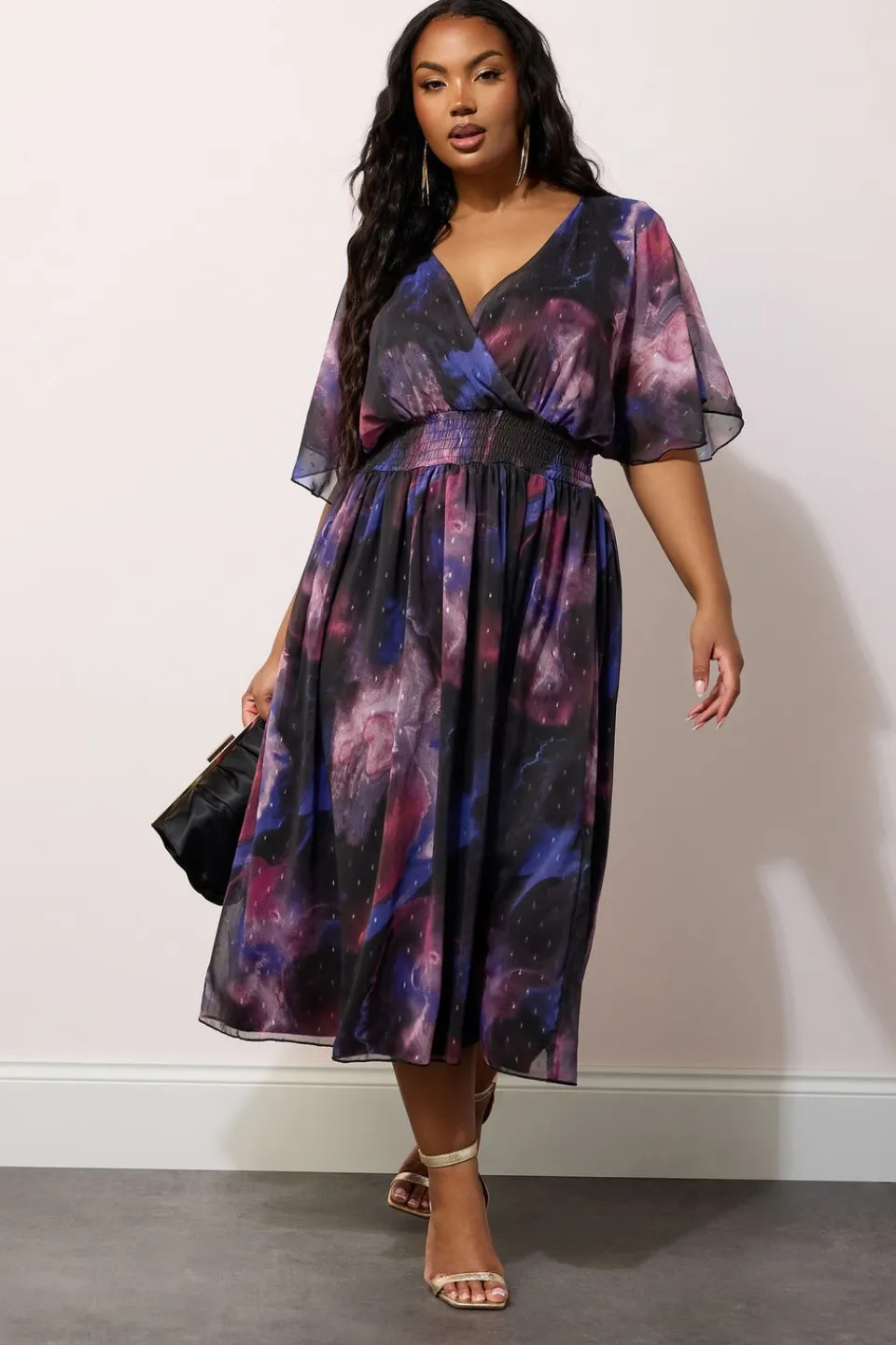 Dresses>YOURS London Curve Purple Abstract Metallic Print Midi Dress