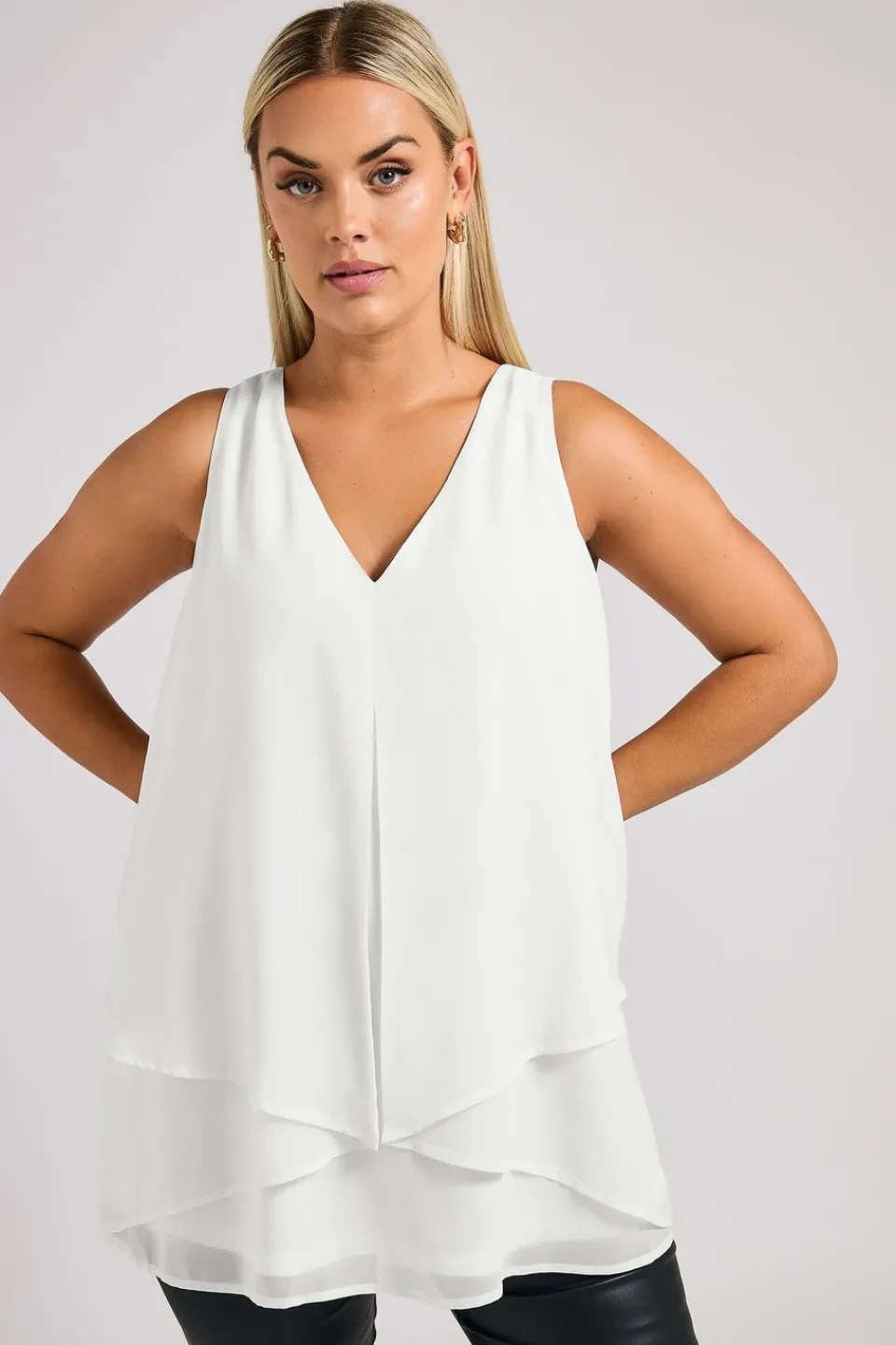 Tops>YOURS London Curve White Layered V Neck Top