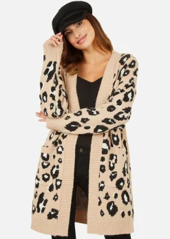Tops>Yumi Beige Animal Print Intarsia Knit Long Cardigan