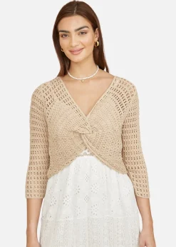 Tops>Yumi Beige Cotton Crochet Knitted Top
