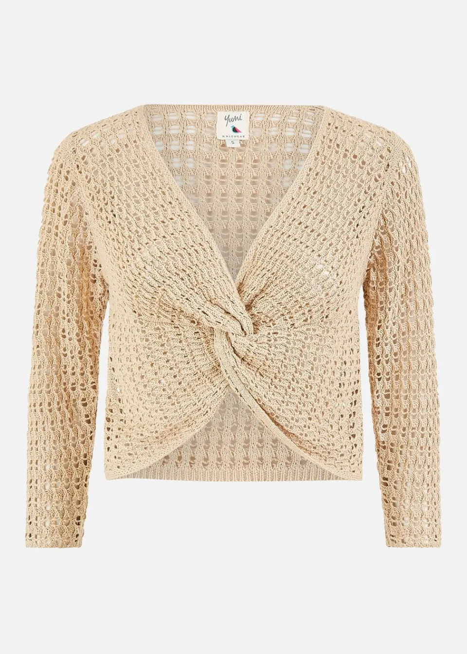 Tops>Yumi Beige Cotton Crochet Knitted Top